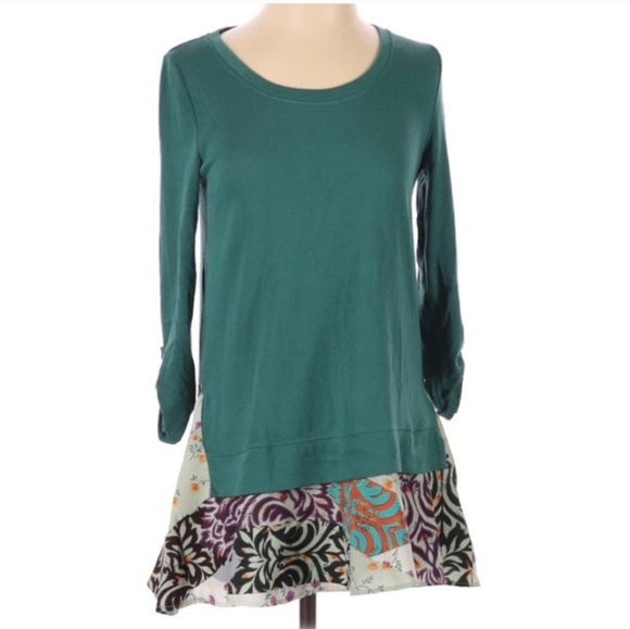 Little Yellow Button Green Patchwork Mix Media Boho Long Sleeve Top Tunic XS - Picture 1 of 9